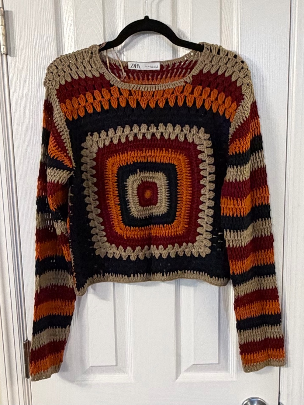 Zara Medium Crochet Granny Square Sweater Multicolor Boho Retro 70s Knit